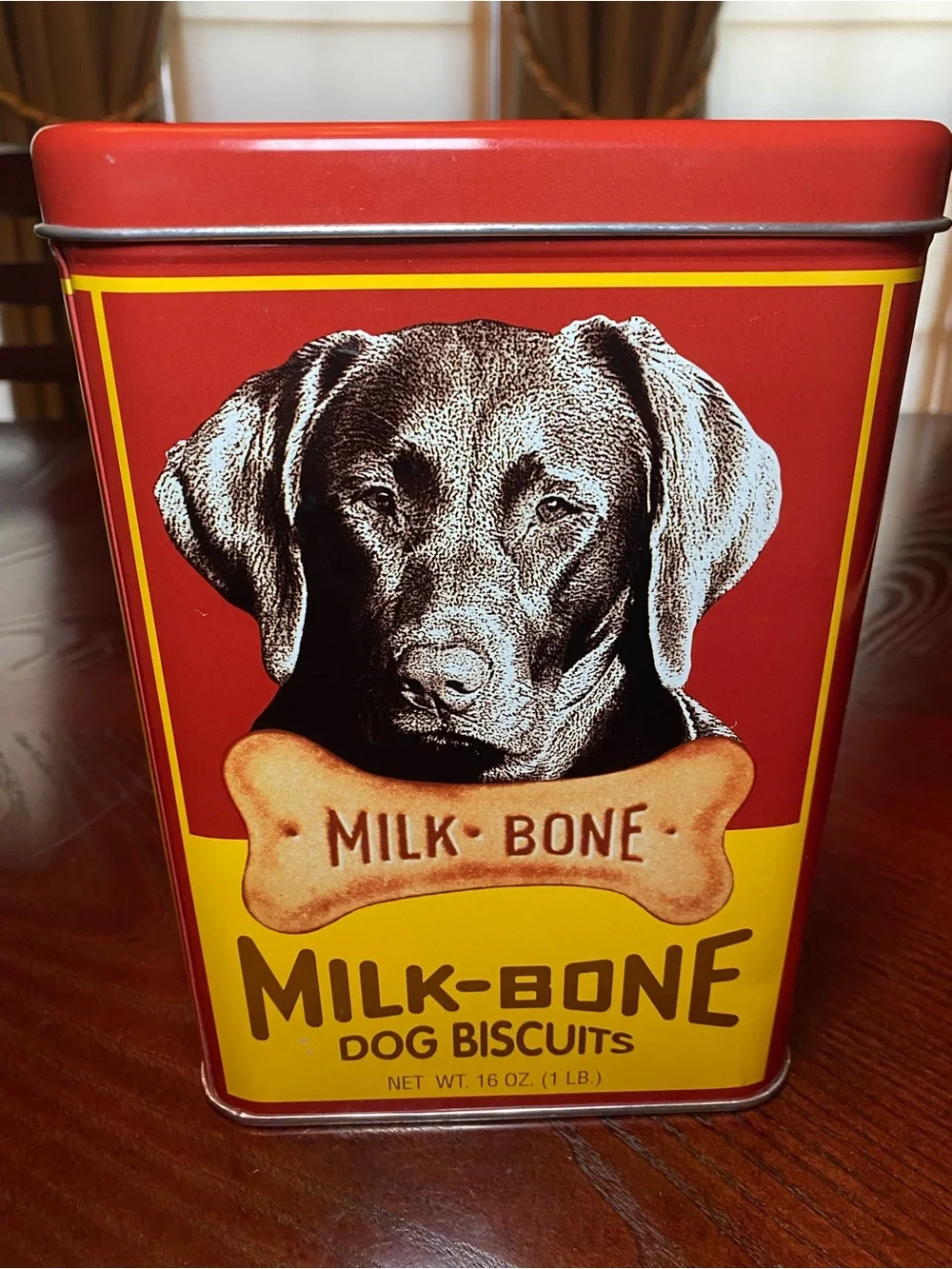 Vintage Red and Yellow Milk-Bone Dog Biscuits Tin Can 9x6x5